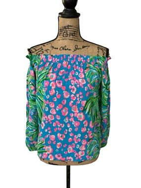 Lilly Pulitzer Blakely Off The Shoulder Top Long Sleeve Turquoise Shore Size XXS